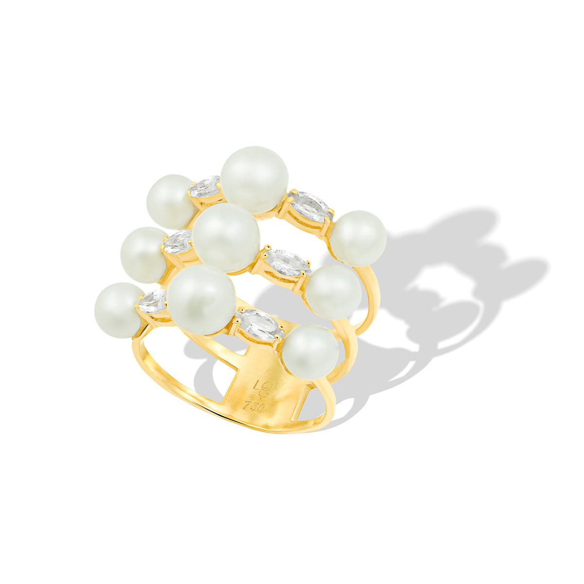 Louise ring with natural pearls and marquise white sapphires in yellow gold